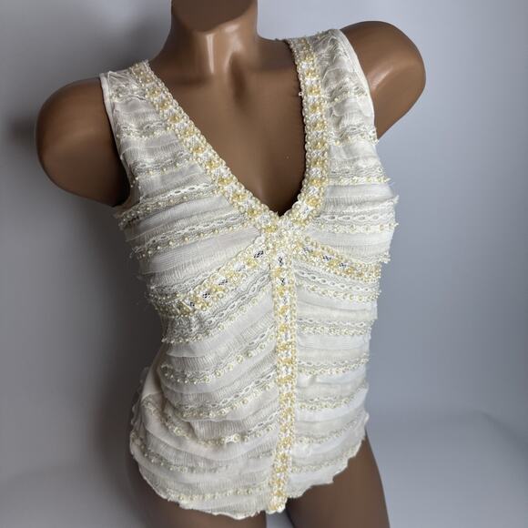 GV2 Y2K White Beaded Sequin Tank Top XS/S Glam Ruching Shiny Mesh Coquette - Picture 1 of 15